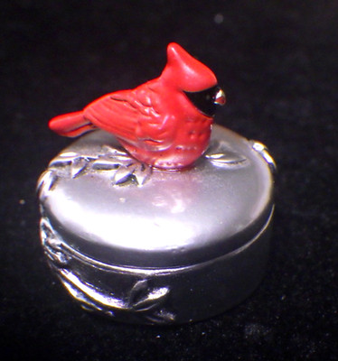 Vintage Cardinal Bird Pill Trinket Box Silver Metal/ Enamel Hinged