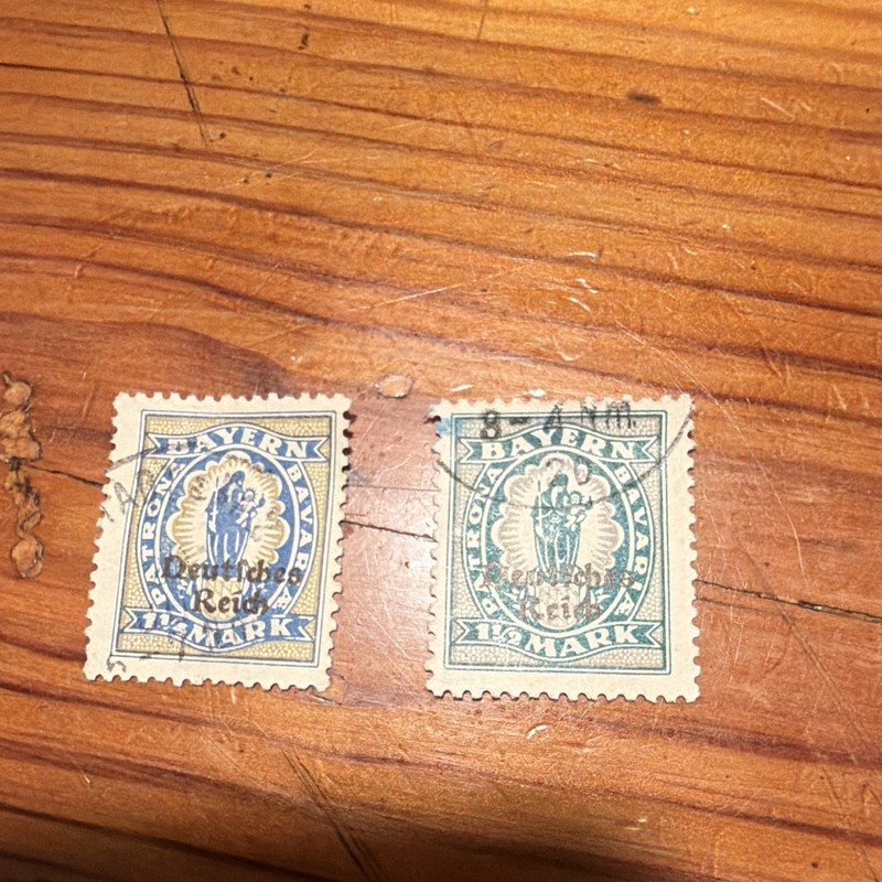 Germany Bavaria Coat of Arms  1 1/2 Mark Used Postage Stamp Pair Blue Yellow
