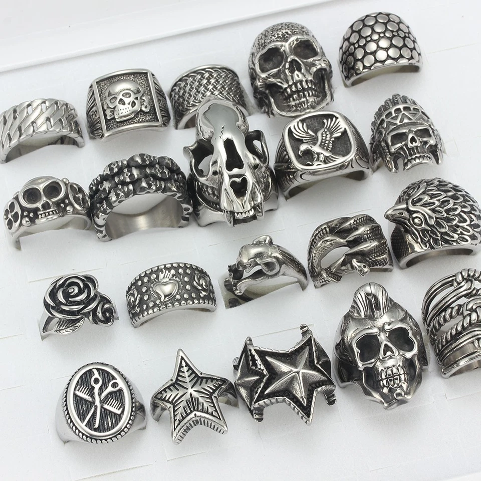 20pcs/Lot Stainless Steel Gothic Skull Men Punk Biker Male Rings Wholesale Mixed - Image 2 of 4