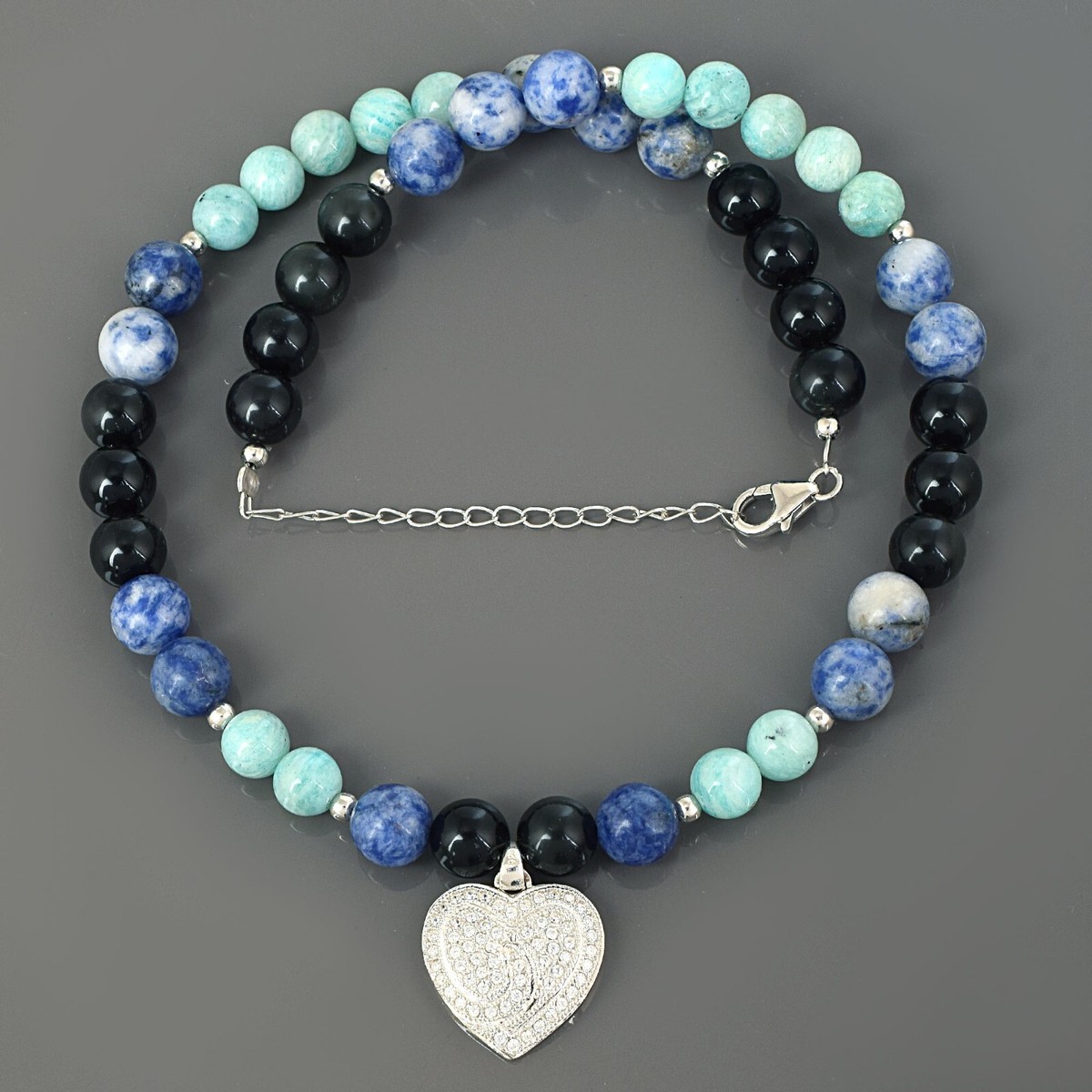 Natural Amazonite Sodalite Black Tourmaline Round Beads Mixed Gemstone  Necklace
