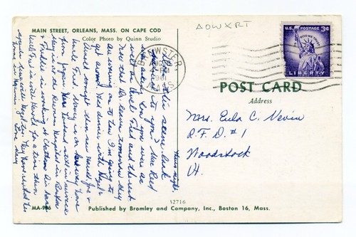 Postal de Orleans MA, Main Street, Livingston Pharmacy, Dorrie's, 1961 - Imagen 2 de 3