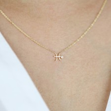 14K Solid Gold Pisces Zodiac Constellation Charm Pendant Diamond Necklace