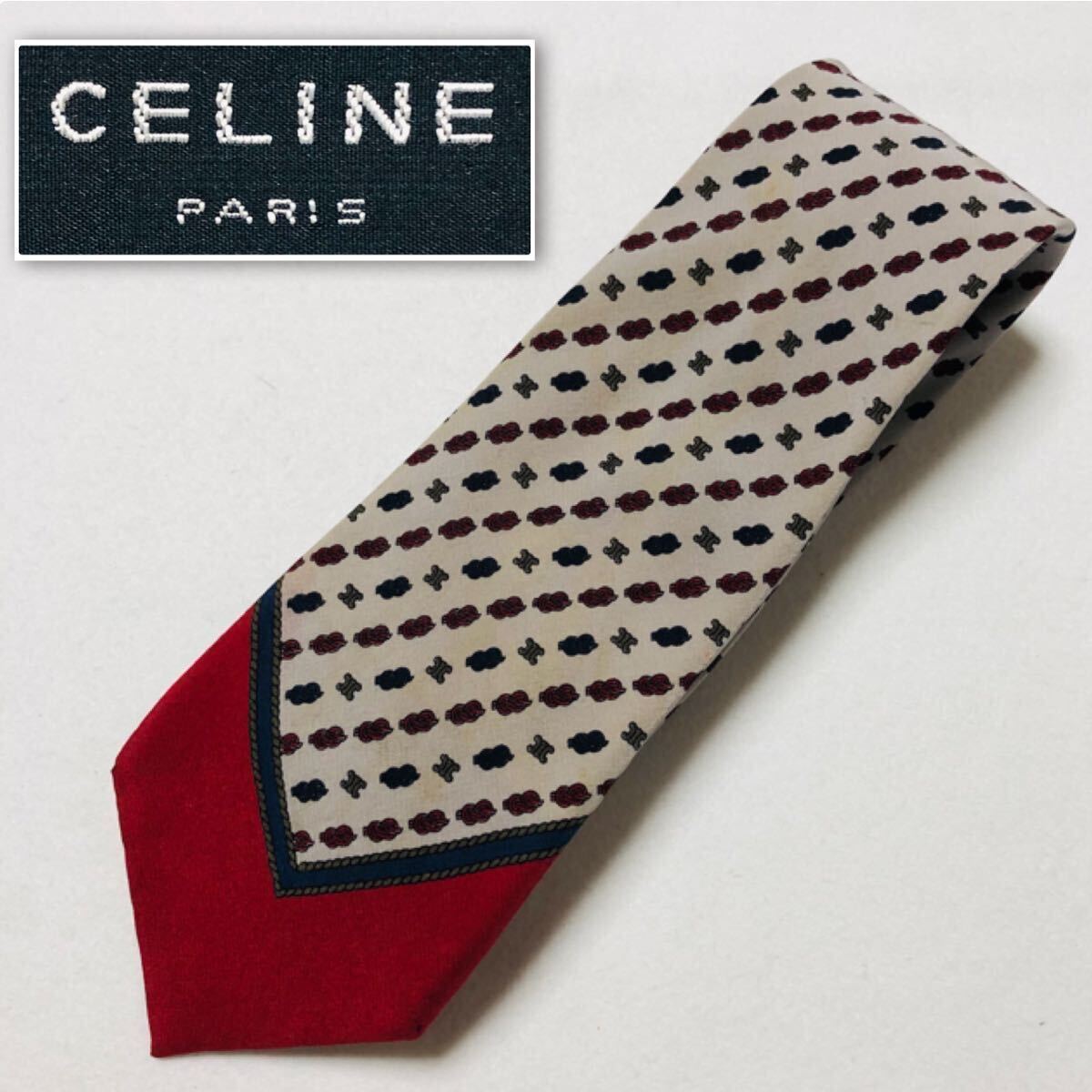 CELINE Authentic Necktie Tie Triomphe Stripe String Pattern Silk