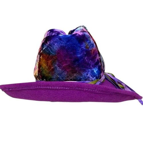 Vintage Gypsy Wizard Purple Wide Brim Hat Crushed Velvet Crown Ribbon Union Made - Picture 10 of 11