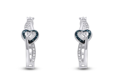1/10ct Real Blue & White Heart Diamond Hoop Earrings for Women Sterling Silver
