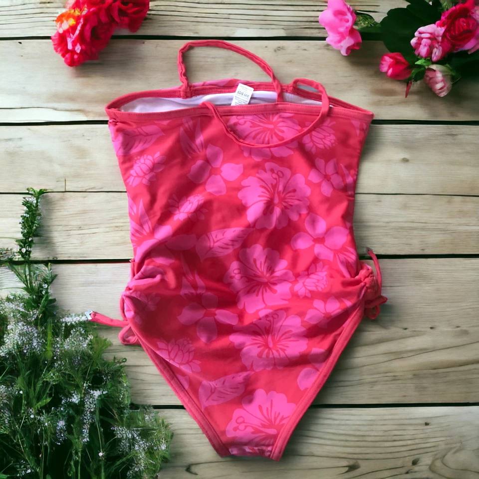 Traje de baño de una pieza Amy Byer para niñas rosa intenso rojo flores talla 14 Foto 2 de 4