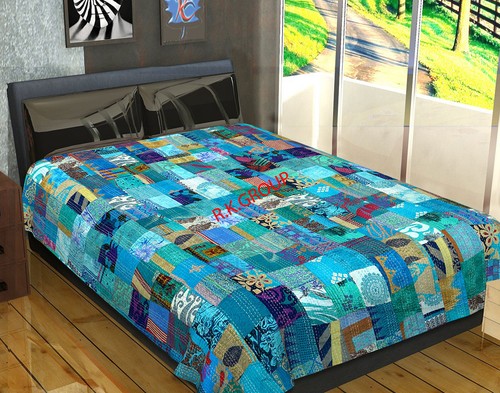 New Indian Handmade Silk Patola Patchwork Kantha Quilt Throw Reversible Blanket - Picture 38 of 53