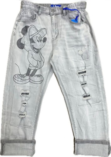1213 BAGGY BOYFRIEND JEANS HOSE SEXY WOMAN GRAU MICKEY MOUSE STRASS S M L XL