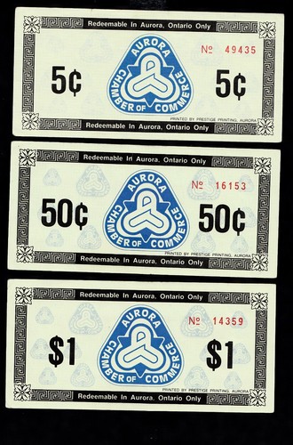 3 Trade notes issued in Aurora Ontario, 5,50,$1.00, A.U. condition