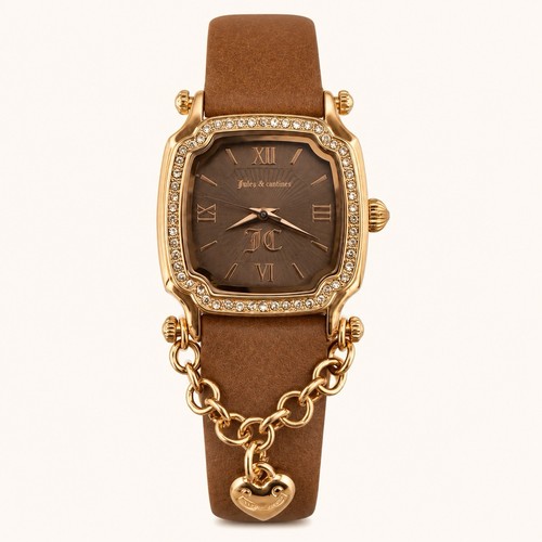 Juicy Couture Brown Leather Rose Gold Tone J Charm Bling Watch Y2K NIB NWT