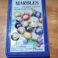 Cardinal Deluxe Assorted Brilliant Colored Glass Marbles Shooters Tin 2004
