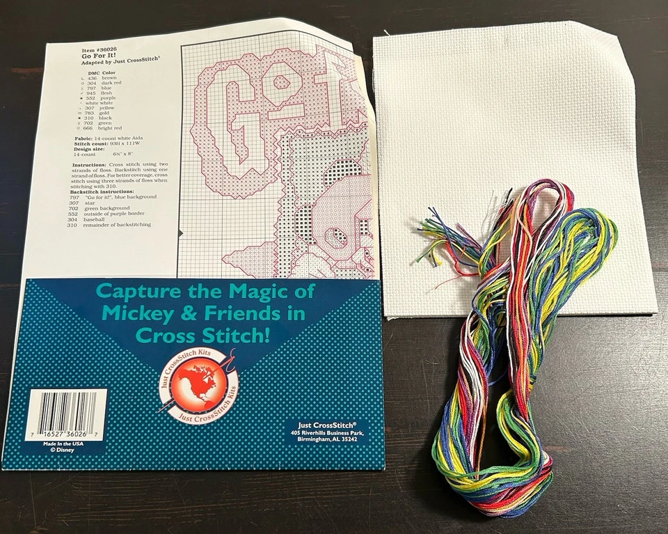 VTG Mickey Unlimited Counted Cross Stitch Kit Baseball "Go For It" #36026 READ - Image 3 of 3