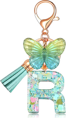 Initial letter Keychains for Women Tassel Butterfly Pink Purple Cute Car Keychai