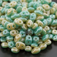 Czech SuperDuo 2-Hole Beads, DUETS Green Turquoise/Ivory LUSTER 2.5x5mm 10gm