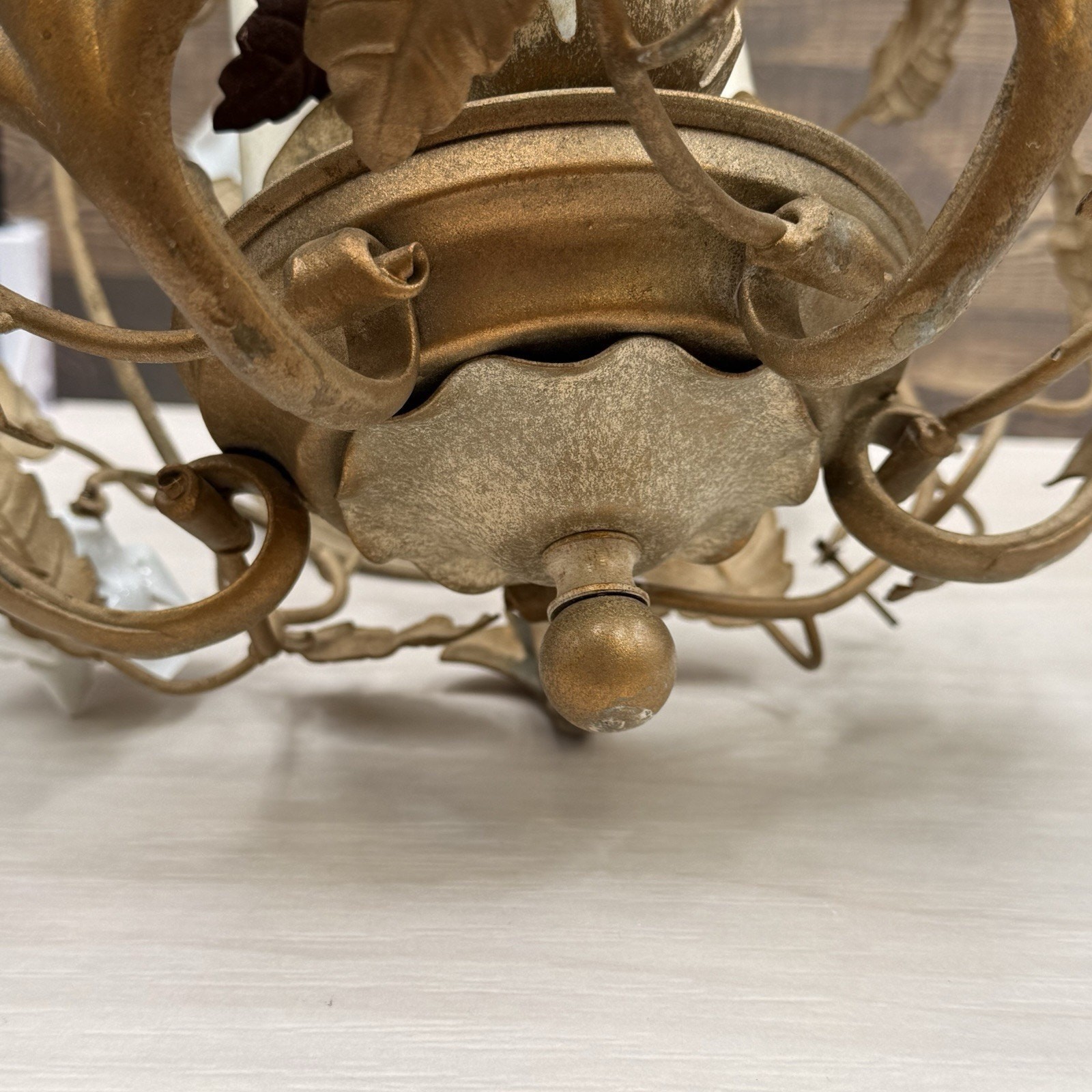 Vintage Hollywood Regency Gold Tone Birdcage Chandelier with Porcelain Flowers