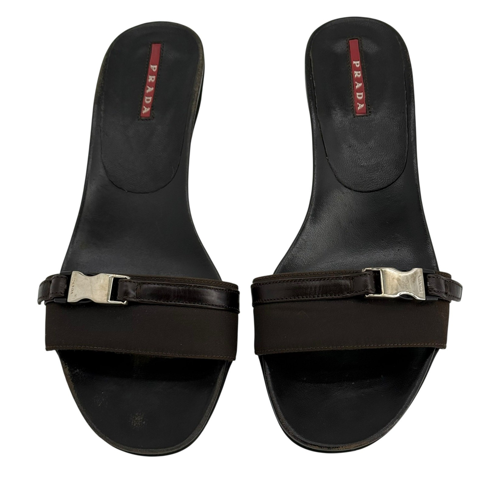 Prada Y2K Vintage Chocolate Brown Black Kitten Heel Mules Sz EU 38 thumbnail 14