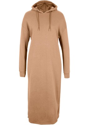 Neu Kapuze Oversize-Sweatkleid Langarm Gr. 36/38 Cappuccino Midi Sweat-Kleid