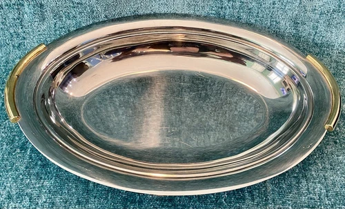 Vintage Stainless Steel Serving Tray with Gold-Plated Handles - Made In Italy