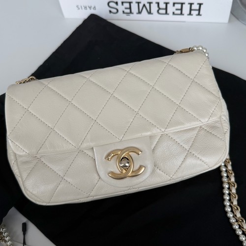 Auth Chanel Classic Flap Mini White GHW Lambskin Leather Matelassé Chevron Bag