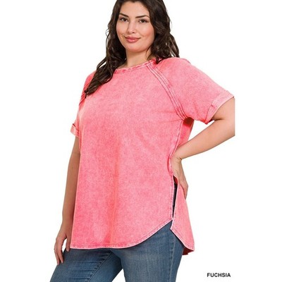 Zenana Pullover Top Women 2X Fuchsia NWT Acid Wash Terry Cuffed Sleeve