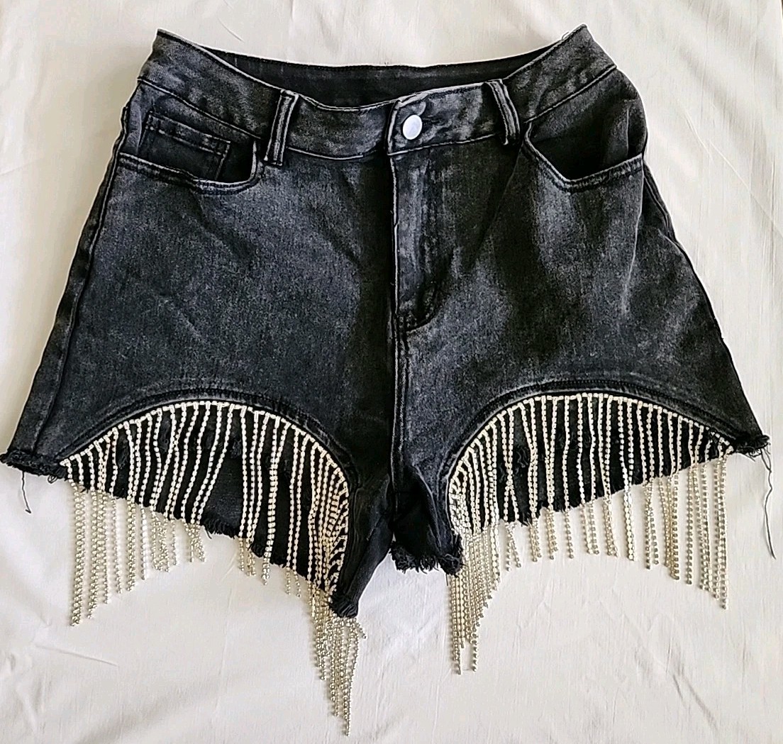 Distressed Black Denim Bombshell Cut-off Shorts w/ Rhinestone Fringe Blue B MED