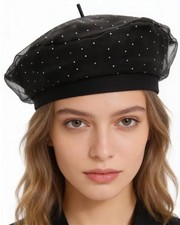 Women Rhinestone Beret Hat Bling French Style Artist Beanie Fascinator Cap