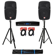  2 Rockville SPGN128 12" 1200W DJ PA Speakers Power Amplifier Stands Cables