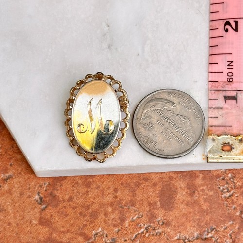 Estate Yellow Gold-Plated Silver Oval Fluted Signet "M" Brooch Pendant - Picture 3 of 7
