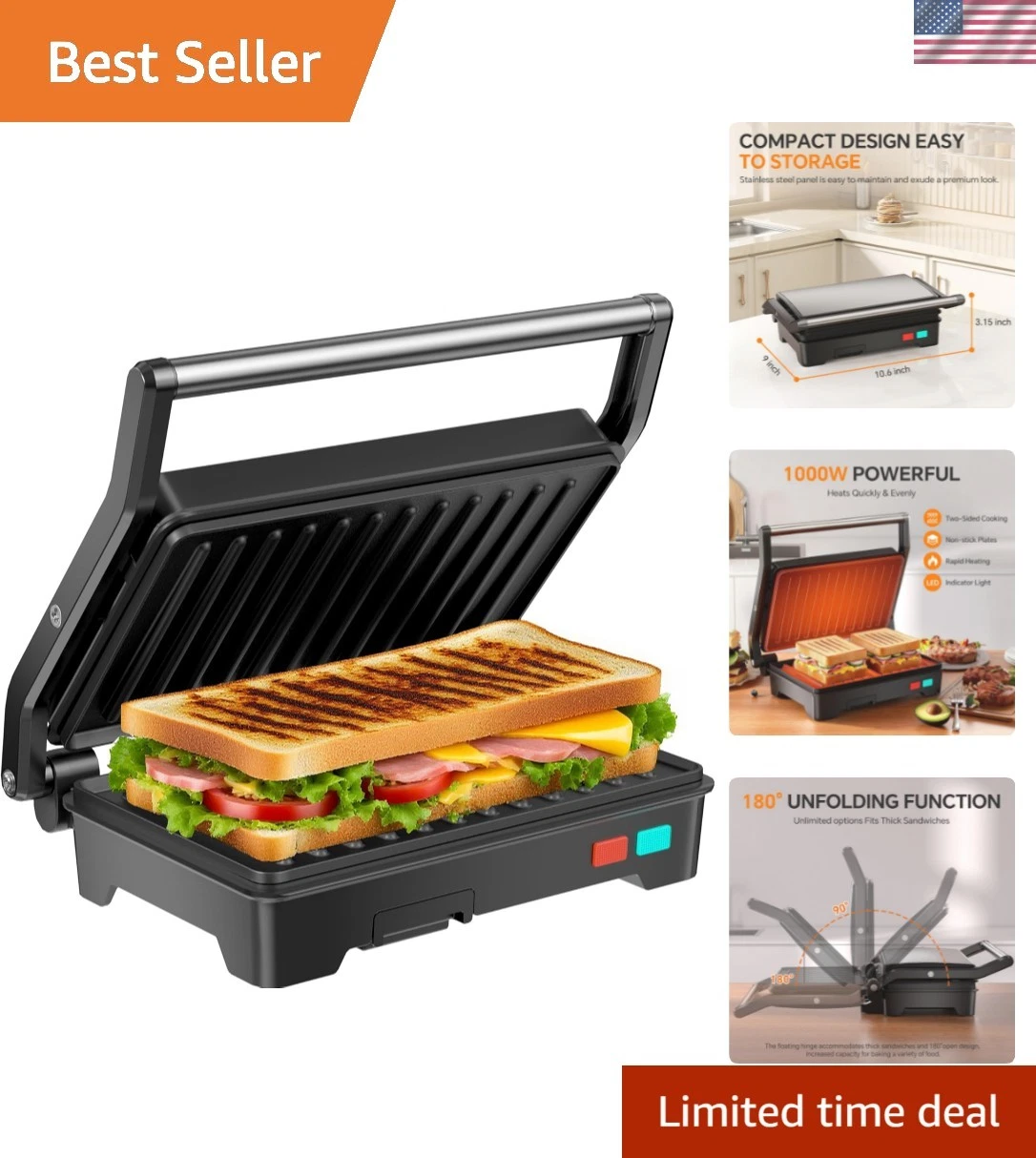 Panini Press Grill, 1000W Sandwich Maker with Non-Stick Coated Plates, Opens ...
Opens in a new wind