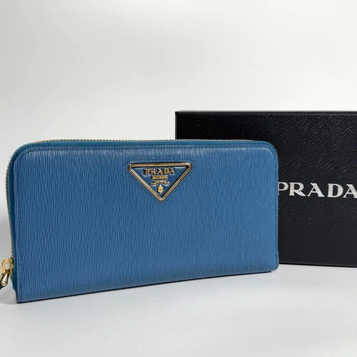Portefeuille PRADA zippé autour portefeuille long cuir doré authentique