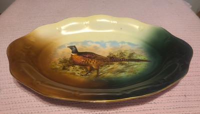 Handpainted PHEASANT Platter  15 x 10  Vintage (1900's-1930's) Gold Gilded Edge