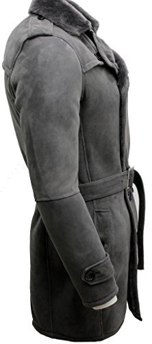 Men's Grey Military Double Breasted Real Sheepskin Suede Pea Coat - Picture 6 of 9