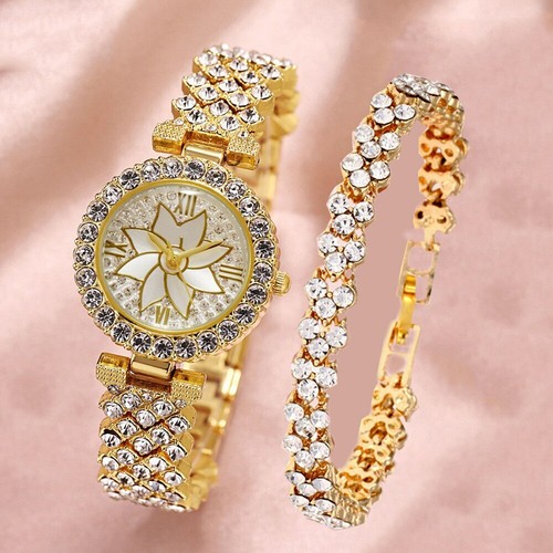 SILVER GOLD Watch + Bracelete Fashion Ladies Wristwatches Women Crystals Bling - Picture 2 of 4