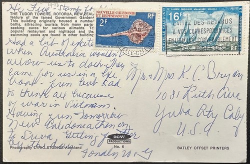 1973 New Caledonia #374,#389 w slogan cancel on NZ Post Card to US *d - Picture 2 of 3
