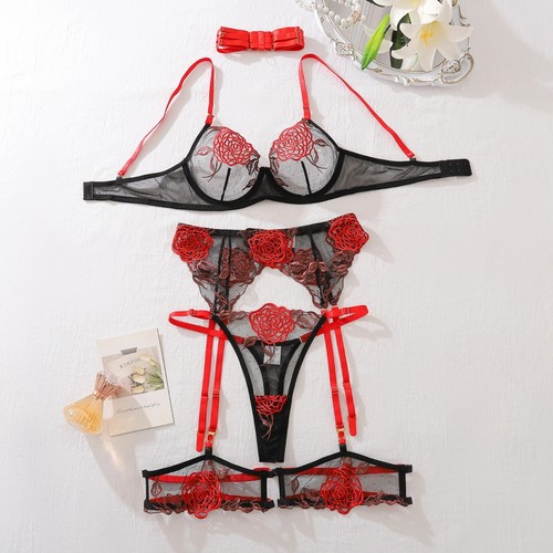 Lingerie 5 Piece Set Sexy Floral Fancy Underwear Valentine Day Kit Garter Belt - Picture 6 of 8