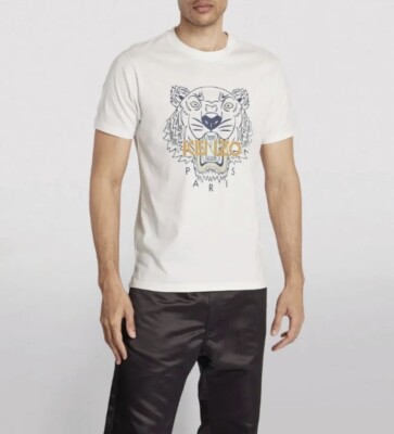 KENZO Mens Tiger Print Classic Fit Cotton T-Shirt White All Size