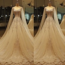 Vintage White Ivory Wedding Dresses with Cape Lace Appliques Beaded Bridal Gowns