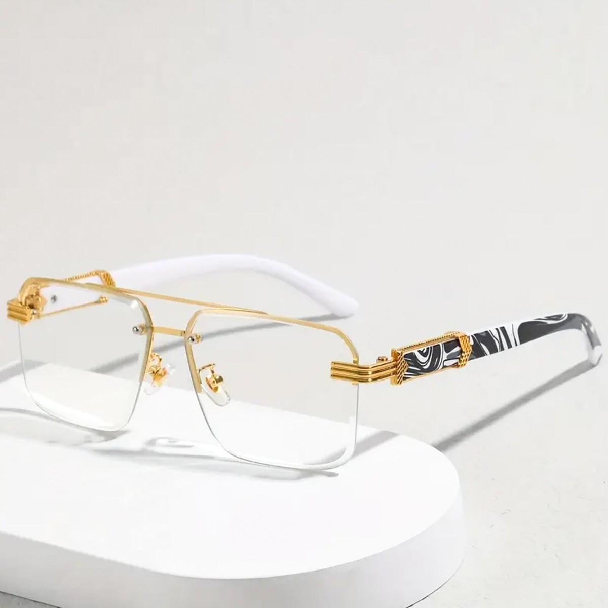 Clear Lens Vintage Retro Trendy Pilot Fashion Gold Frame Gray Marble Arm  Glasses