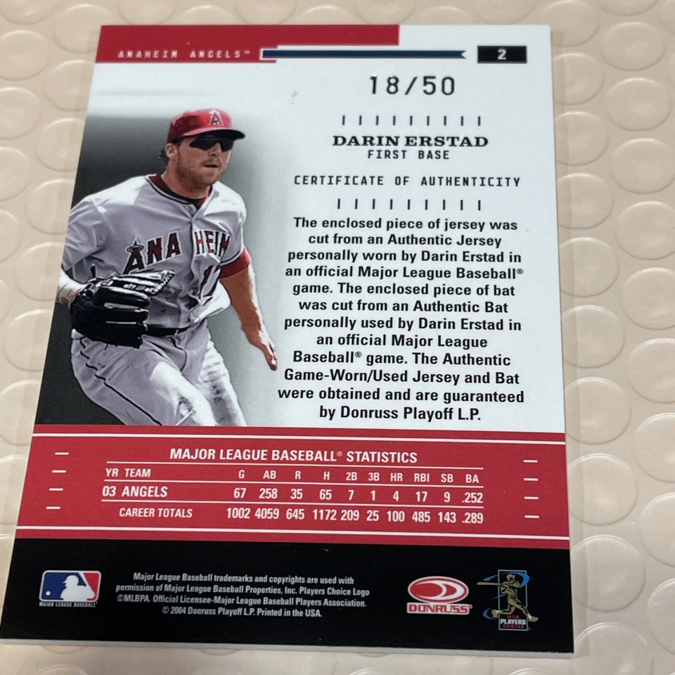 Darin Erstad 2004 Donruss Card 2 Game Used Bat & Jersey Rare 18/50