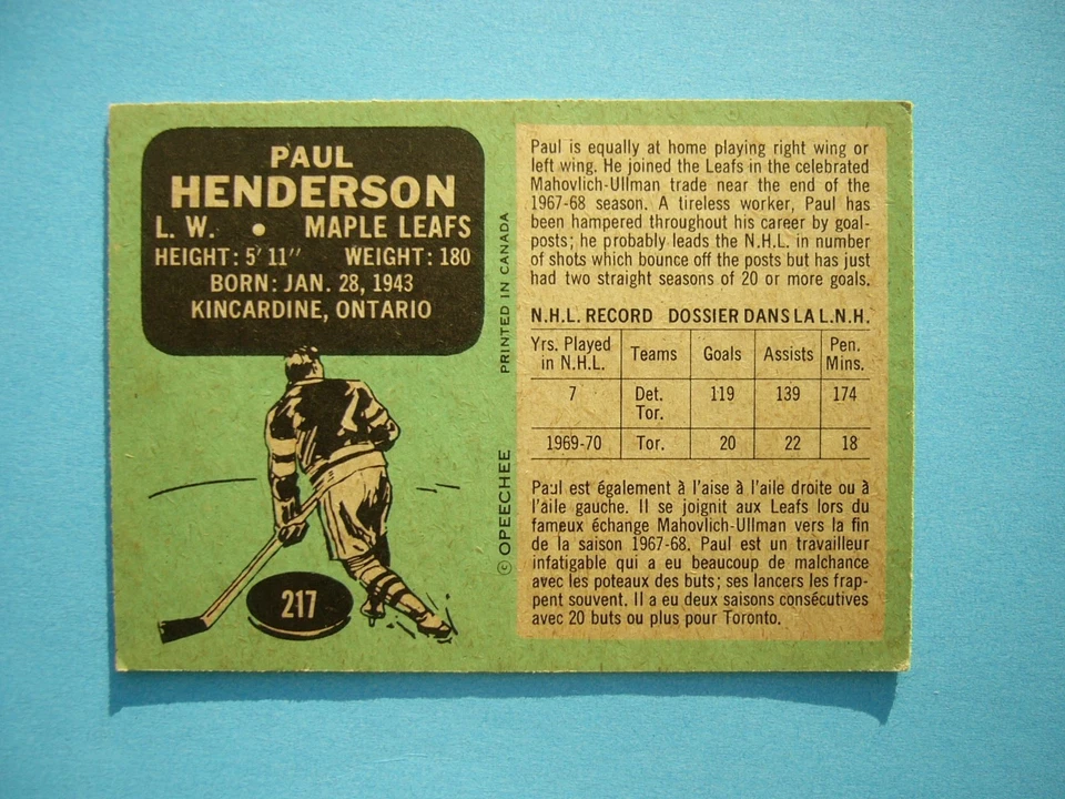 1970/71 O-PEE-CHEE NHL HOCKEY CARD #217 PAUL HENDERSON EX SHARP!! 70/71 OPC - Image 2 of 2