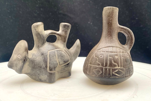 VTG PAIR OF POTTERY FIGURES, ZOOMORPH & VASE 3.2", CHIMU STYLE, HANDMADE c1985 g - 第 1/11 張圖片
