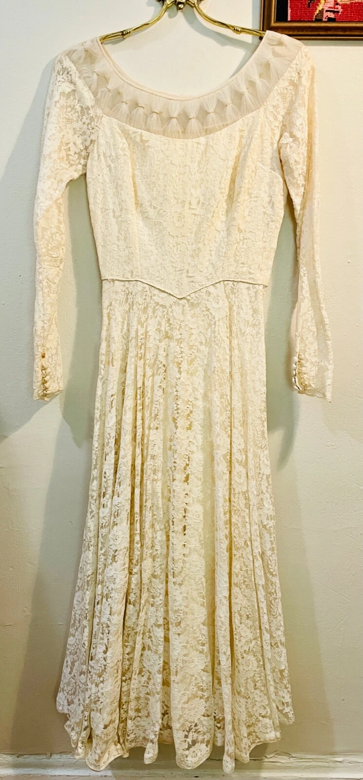 OFF WHITE Abito da sposa vintage anni 50 bianco sporco pizzo e tulle perle nuovo look gonna a cerchio *xxs xs