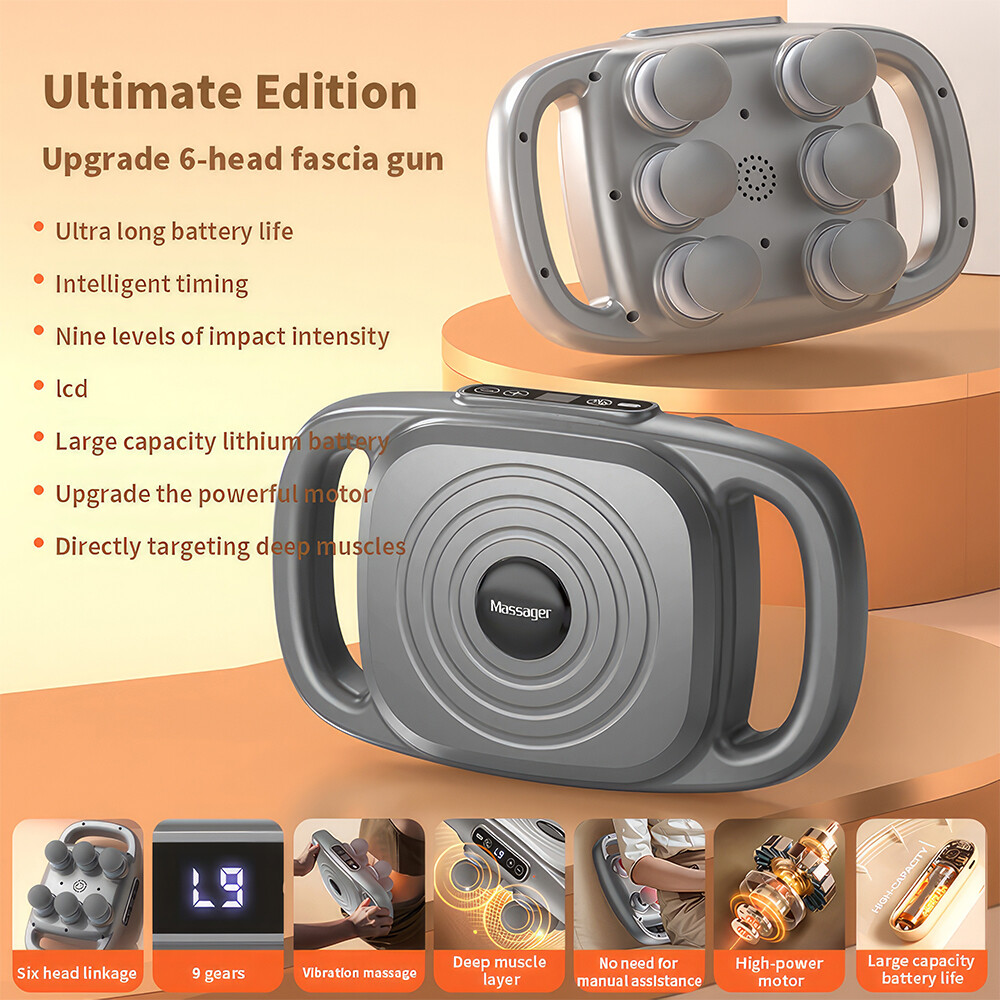 6-Headed USB Muscle Massager Gun for Neck, Waist & Fascia Relief