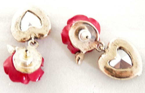 NEW BETSEY JOHNSON 3D RED ROSE FLOWER & VALENTINE HEART GEM DROP DANGLE EARRINGS - Picture 14 of 16