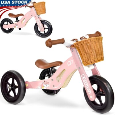 Wooden Kids Tricycle Balance Bike in No Pedal Adjustable Seat