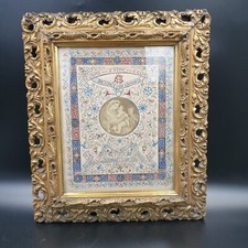 Belle enluminure souvenir baptême communion cadre religieux bois stuc doré XIXe