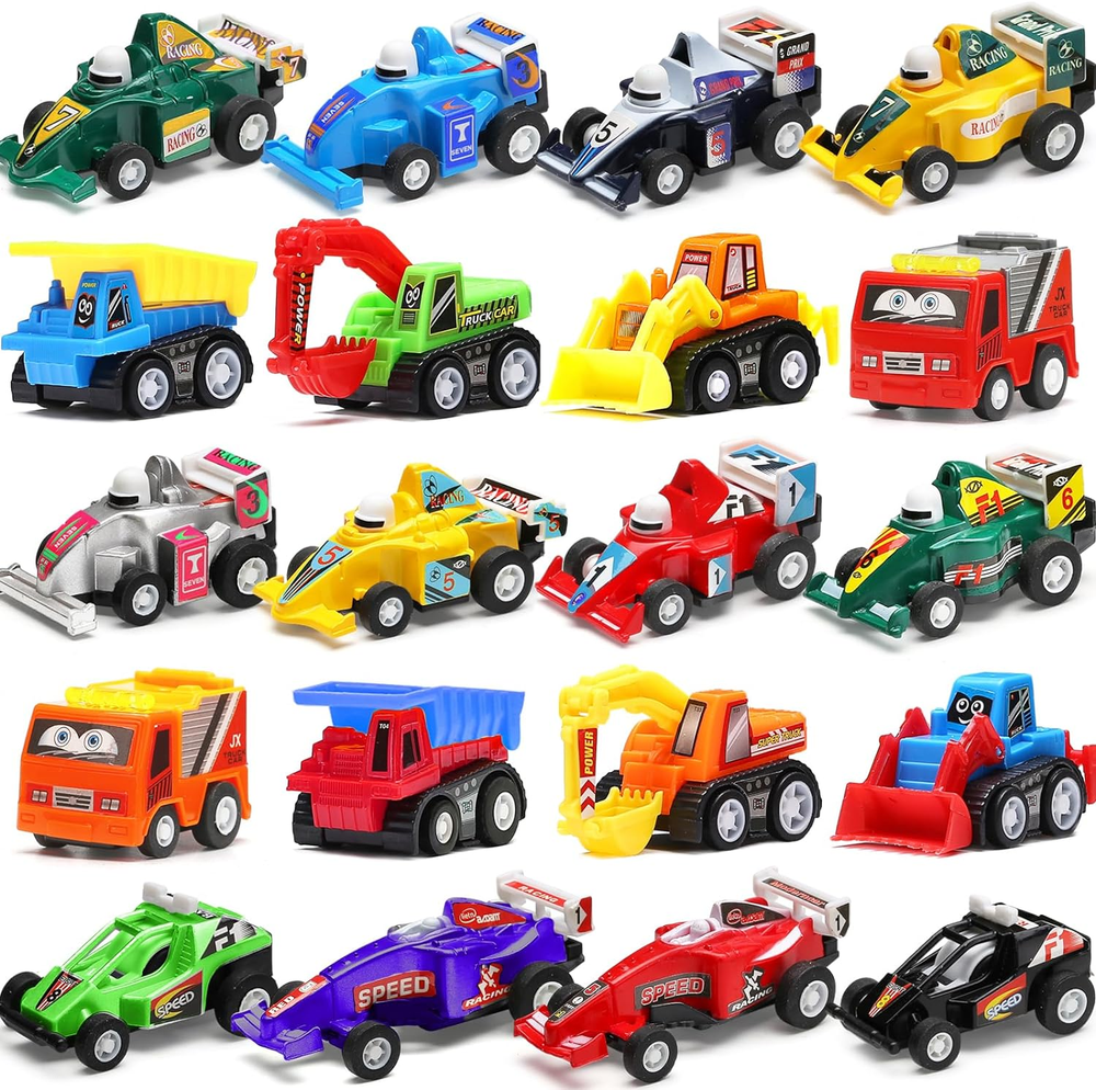 Pull Back Car, 20 Pcs Assorted Mini Truck Toy and Race Car Toy Kit Set, Play Con