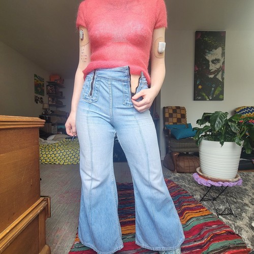 RARE 1960s Wranger Front Bib Zip Denim Flares Light Blue Womens Medium Vintage - Picture 7 of 21