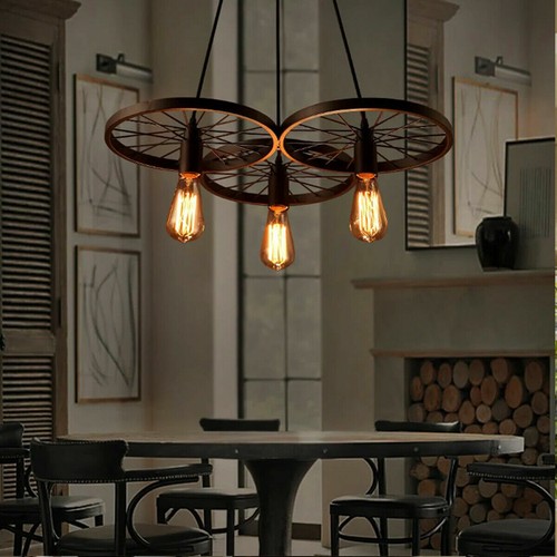 Vintage 3 Way Wheel Ceiling Light Industrial Hanging Pendant Lights for Cafe Bar - Picture 27 of 33