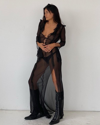 Lo último Maxi Vestido de Playa de Malla Manga Larga Similar a Rat Boa Transparente Ver a Través - Imagen 10 de 23